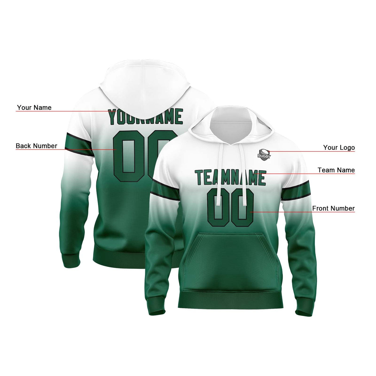 Sudadera con capucha degradada personalizada para hombre-mujer-niña o niño Estampa tu logotipo-nombre y número en blanco y verde