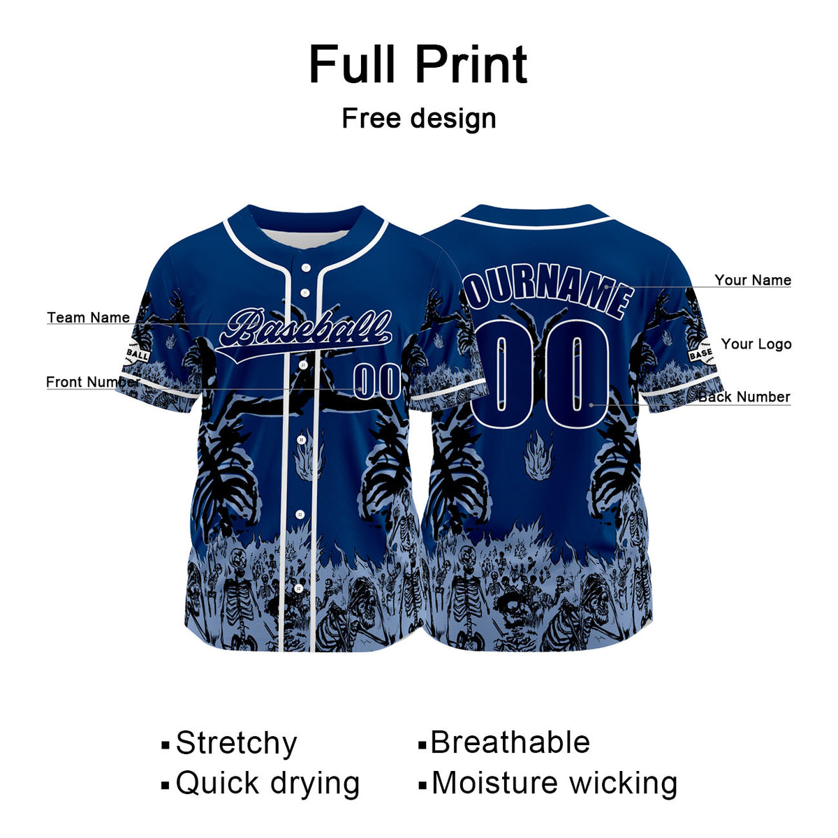 Camiseta de béisbol azul personalizada con nombre número y logotipo personalizados