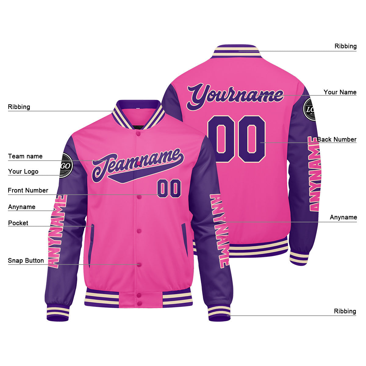 Chaquetas universitarias personalizadas en rosa y morado para hombres & mujeres y jóvenes & Chaquetas tipo Letterman personalizadas