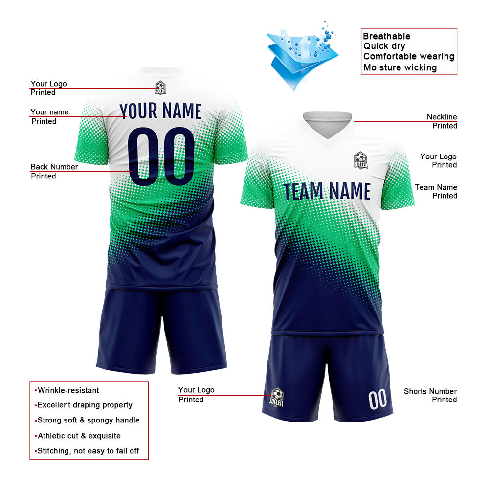 Conjunto personalizado de uniforme de fútbol para niños y adultos: camiseta azul marino & verde y blanca