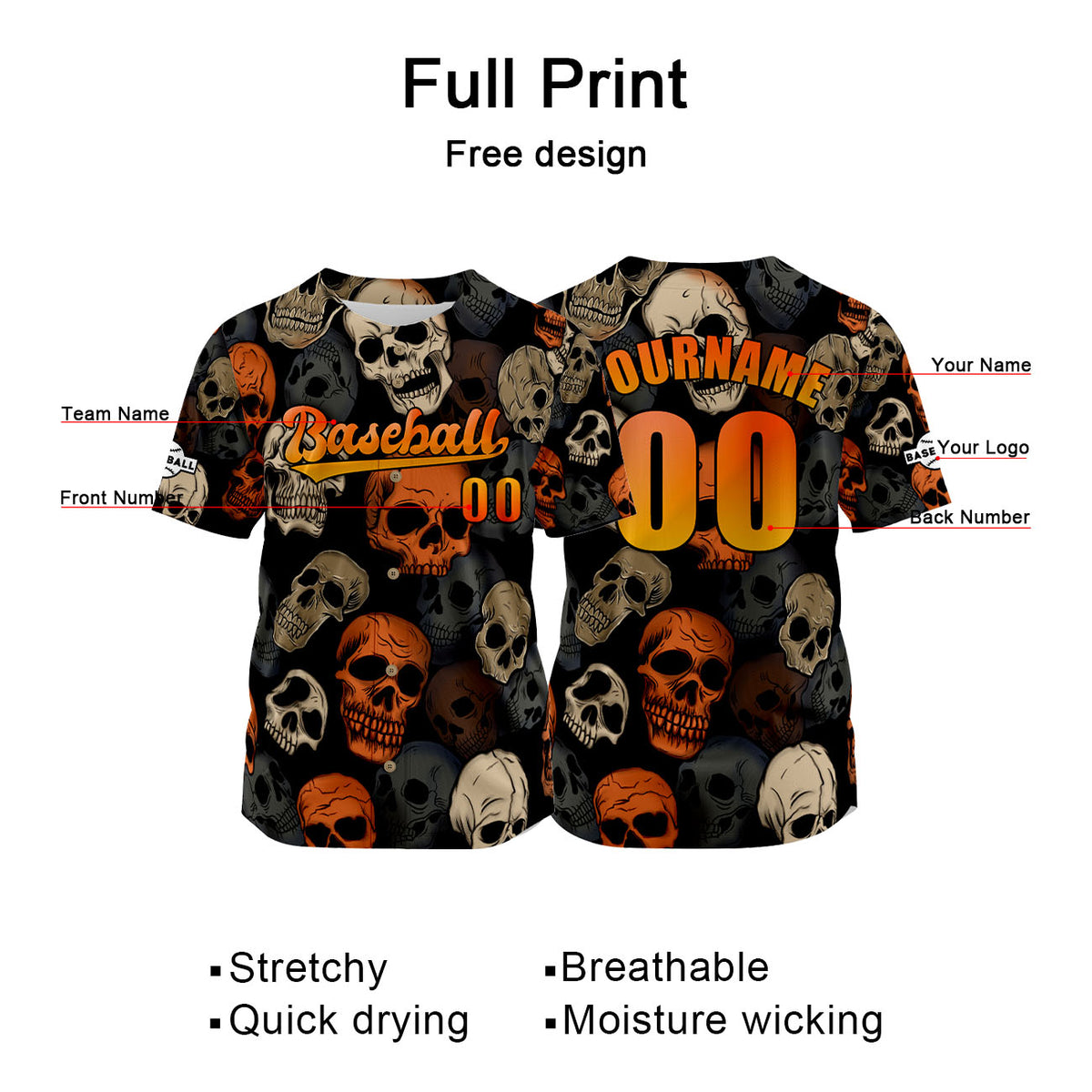 Camiseta de béisbol naranja personalizada con nombre número y logotipo personalizados