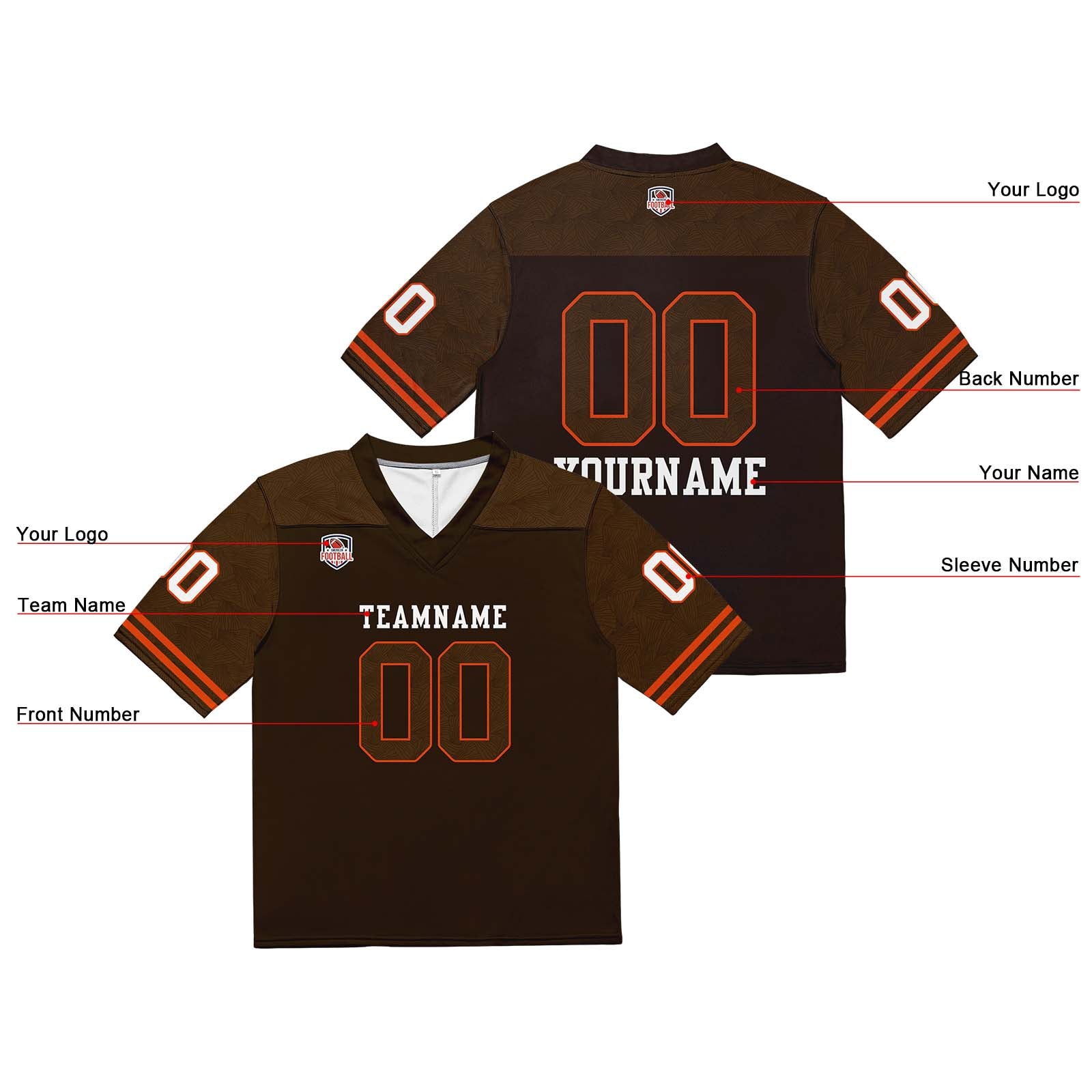 Camiseta de fútbol personalizada con nombre y número del equipo impresos y bordados-color marrón y naranja