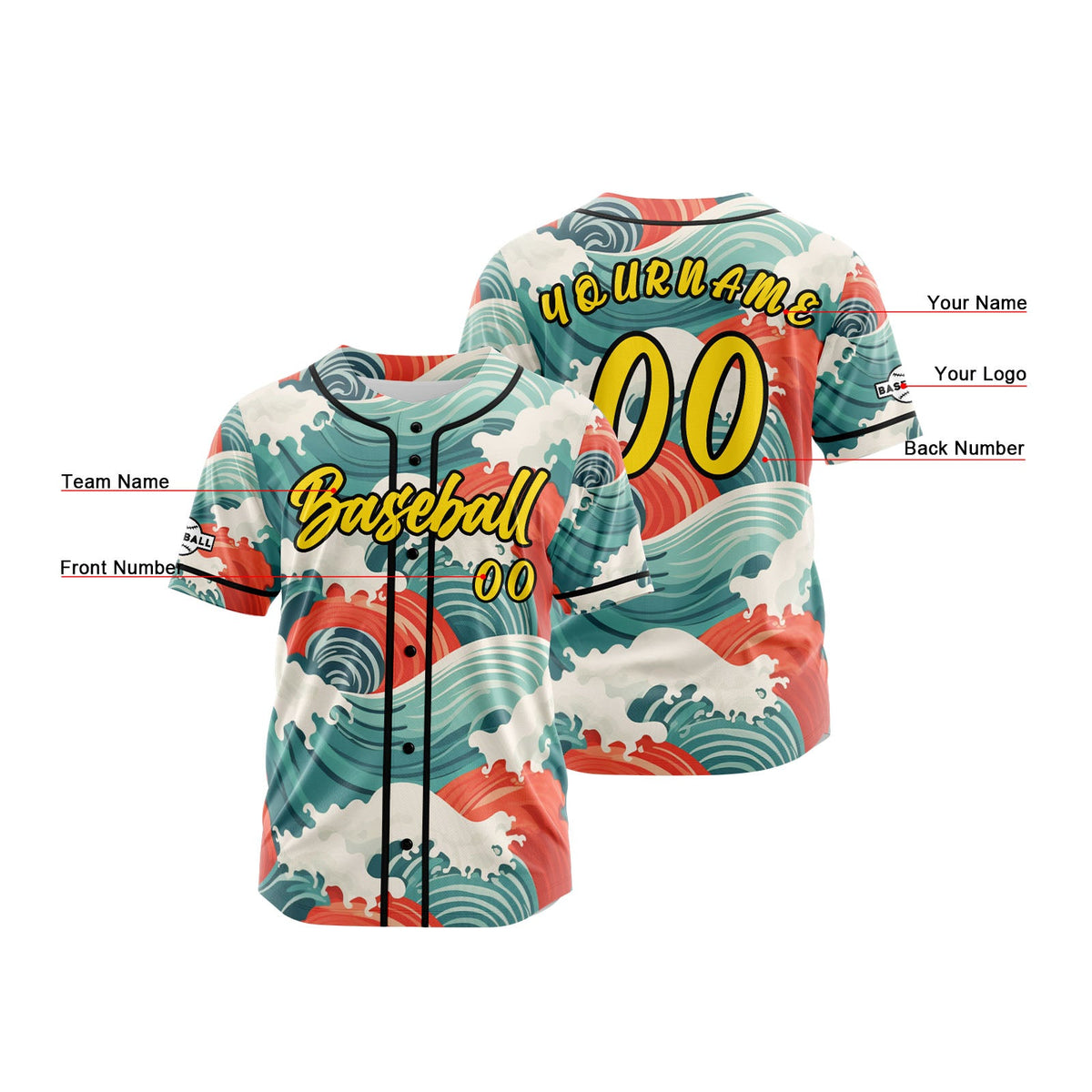 Camiseta de béisbol amarilla personalizada con botones para hombre mujer adulto y joven Estampado de nombre número y logotipo