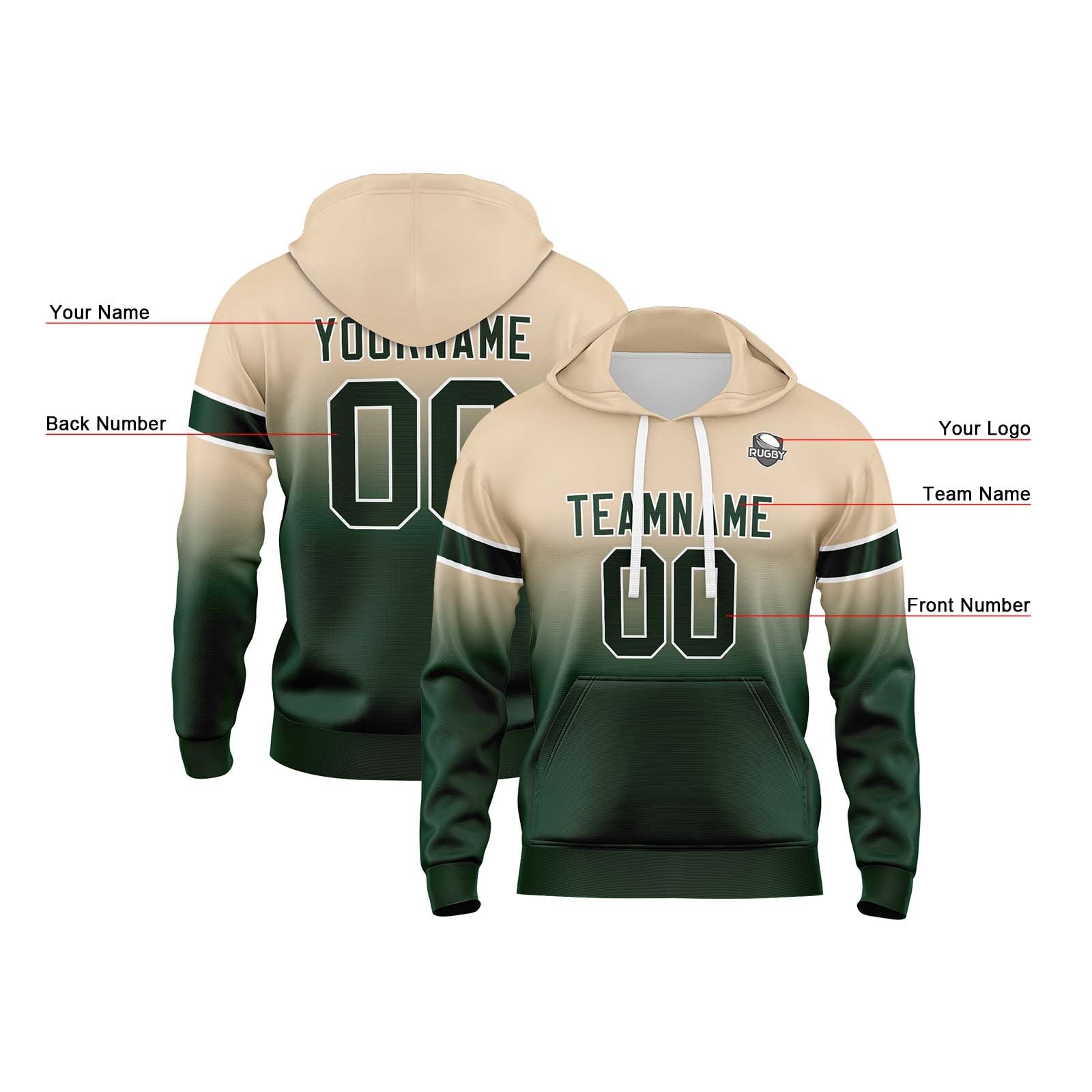 Sudadera con capucha personalizada con degradado para hombre-mujer-niña o niño Estampa tu logotipo-nombre o número Color caqui y verde oscuro