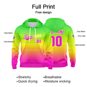 Sudadera con capucha personalizada con degradado para hombre-mujer-niña o niño Estampa tu logotipo-nombre o número en verde-amarillo o rosa