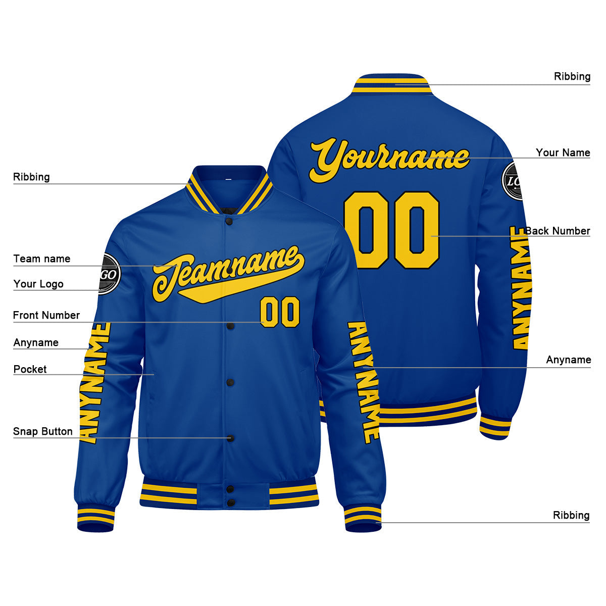 Chaquetas universitarias personalizadas de color amarillo real para hombres & mujeres y jóvenes & Chaquetas tipo Letterman personalizadas