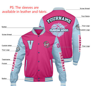 Chaquetas universitarias personalizadas Pink Lion Blue para hombres & mujeres y jóvenes & Chaquetas Letterman personalizadas