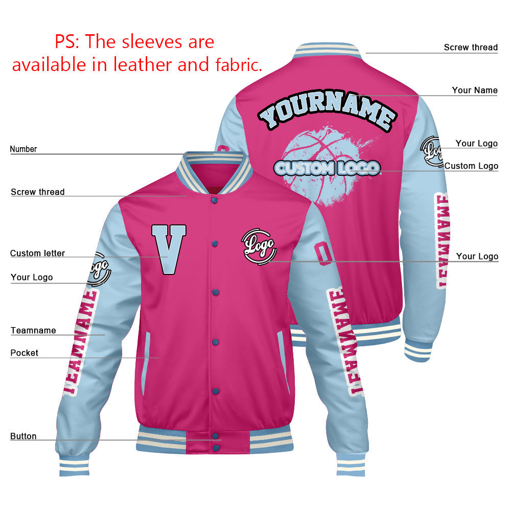 Chaquetas universitarias personalizadas Pink Lion Blue para hombres & mujeres y jóvenes & Chaquetas Letterman personalizadas