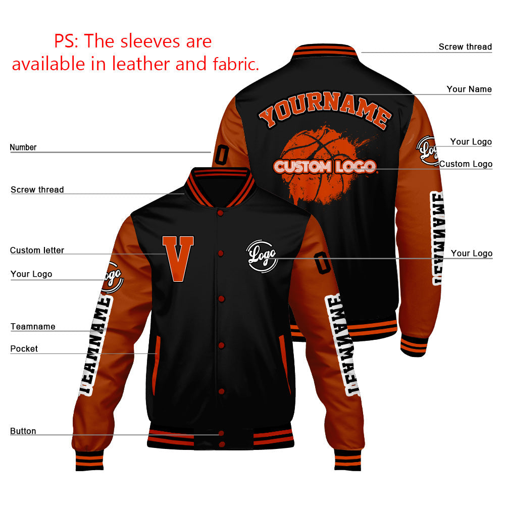 Chaquetas universitarias personalizadas negras y naranja mate para hombres & mujeres y jóvenes & Chaquetas Letterman personalizadas