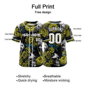 Camiseta de béisbol personalizada para hombres mujeres ni?os y jóvenes con bordado y estampado de calavera rosa y amarillo