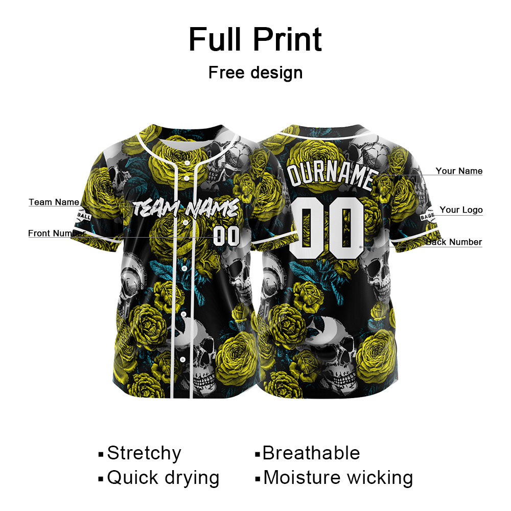 Camiseta de béisbol personalizada para hombres mujeres ni?os y jóvenes con bordado y estampado de calavera rosa y amarillo