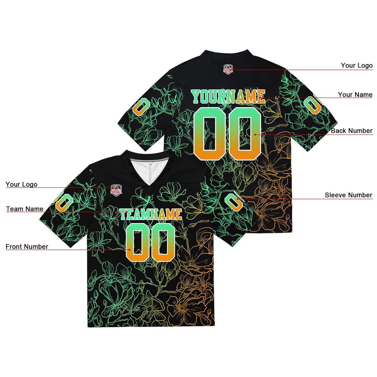 Camiseta de fútbol personalizada con nombre y número del equipo bordados y estampados en degradado verde y naranja