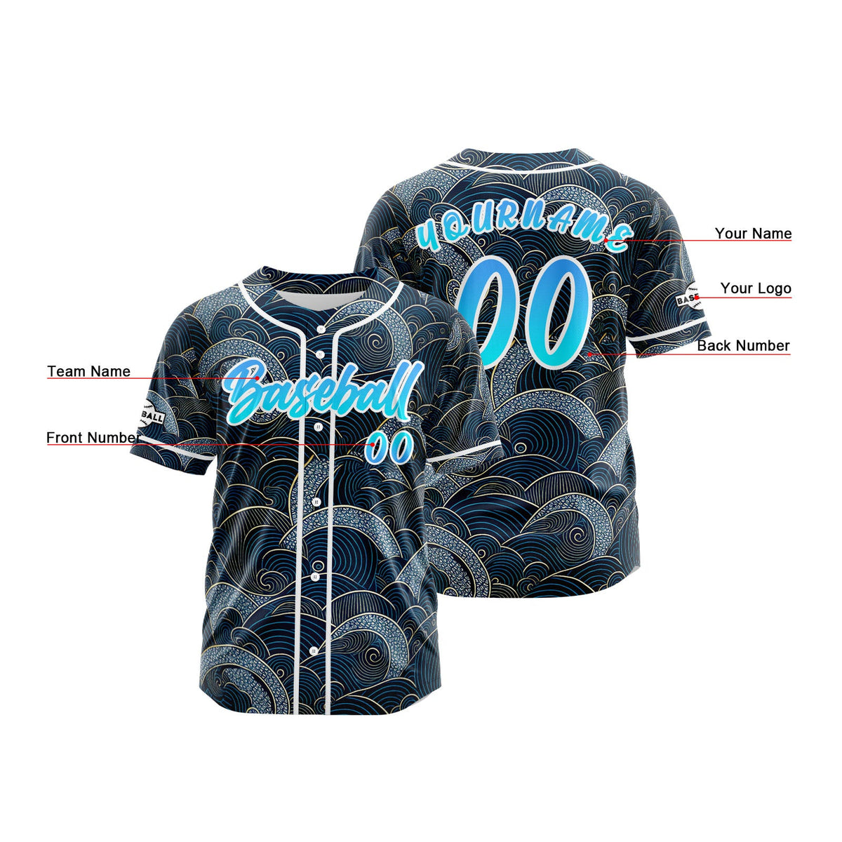 Camiseta de béisbol azul oscuro personalizada con botones para hombre mujer adulto y joven Nombre número y logotipo impresos