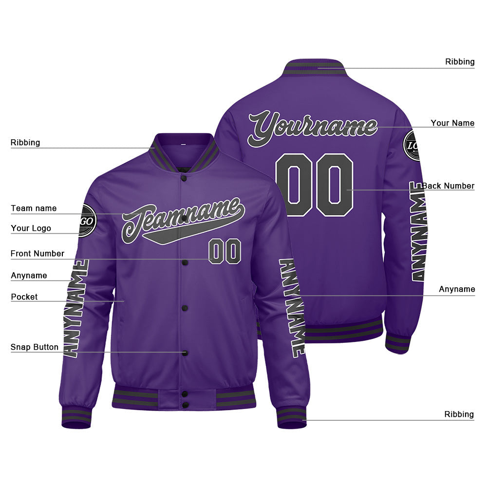 Chaquetas universitarias personalizadas en color morado y gris para hombres & mujeres y jóvenes & Chaquetas Letterman personalizadas