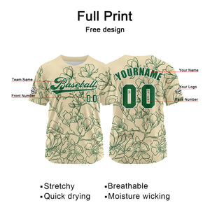 Camiseta de béisbol personalizada en color beige y verde con nombre número y logotipo personalizados