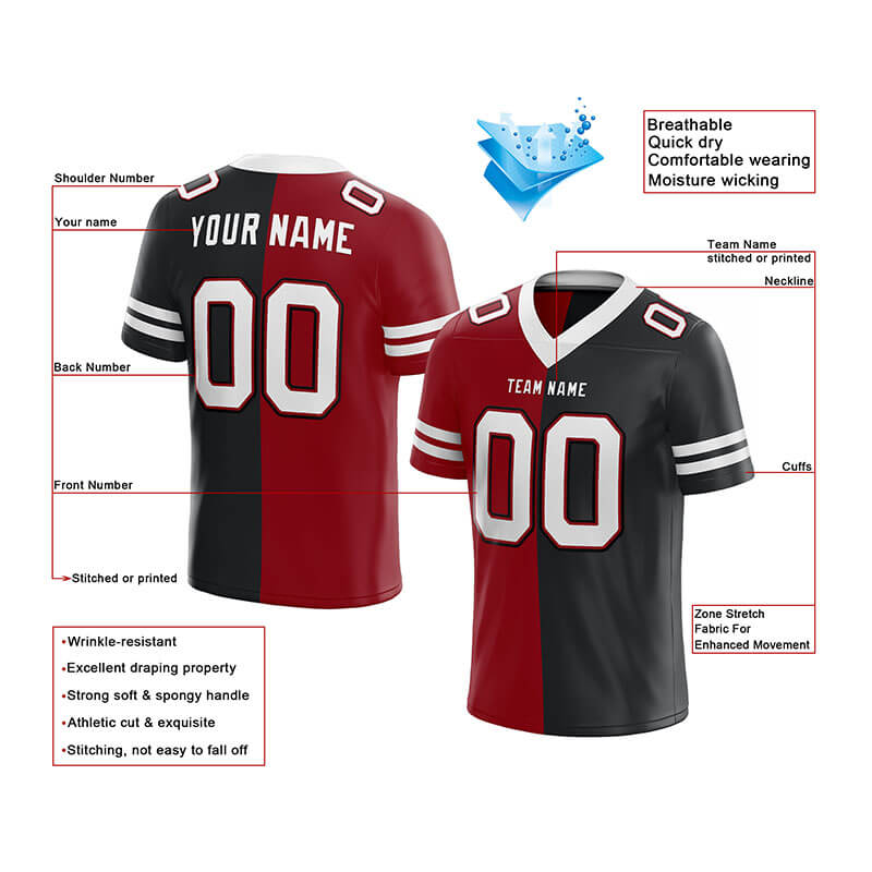 custom authentic split fashion football jersey red-black-white mesh
