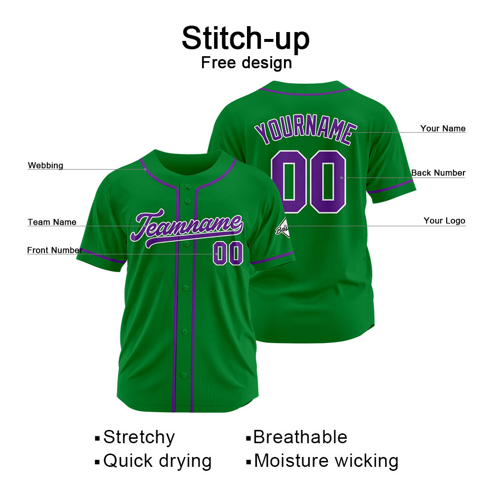Camiseta de béisbol personalizada con diseño bordado & estilo hip hop & color verde Kelly y morado