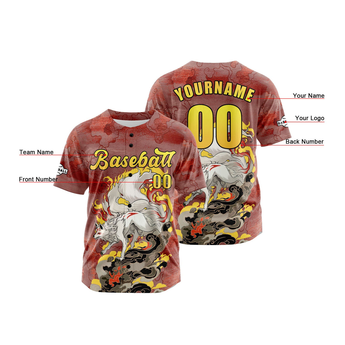 Camiseta de béisbol personalizada de color rojo intenso con botones para hombre mujer adulto y joven Estampado de nombre número y logotipo