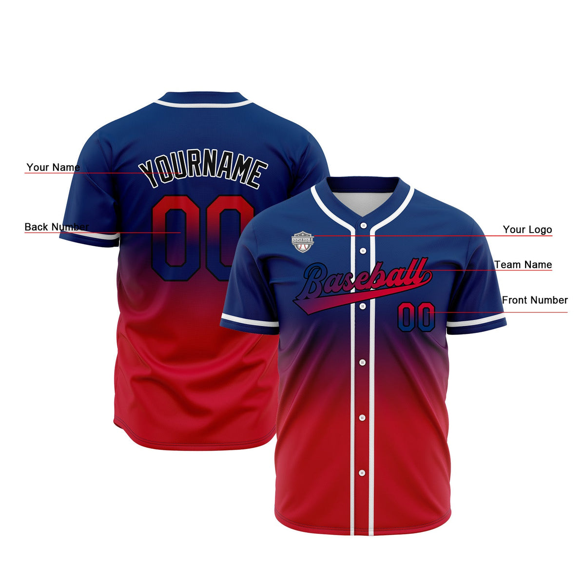 Camisetas de béisbol personalizadas con degradado nombre número y logotipo