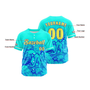 Camiseta de béisbol azul personalizada con botones para hombre mujer adulto y joven Estampado de nombre número y logotipo