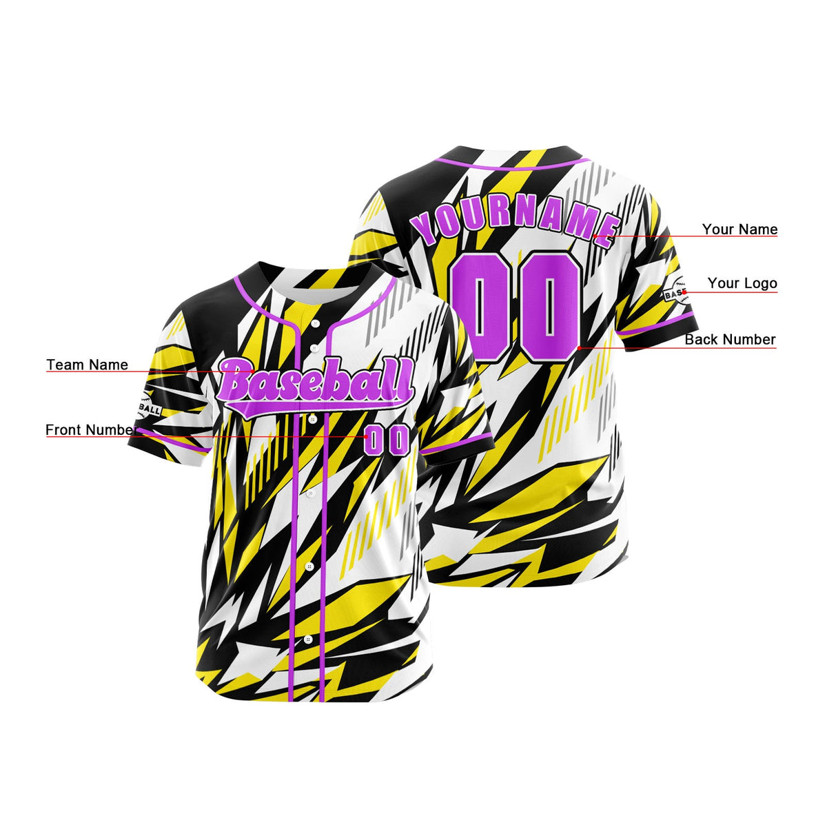 Camiseta de béisbol amarilla personalizada con botones para hombre mujer adulto y joven Estampado de nombre número y logotipo