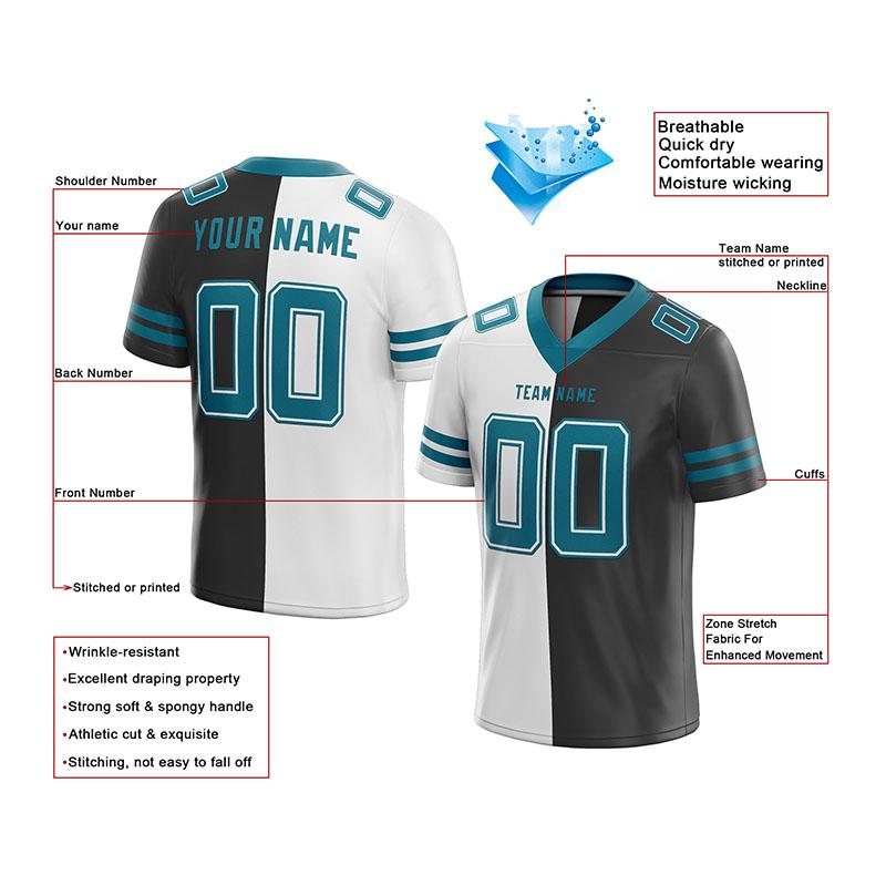 custom authentic split fashion football jersey black-teal-white mesh