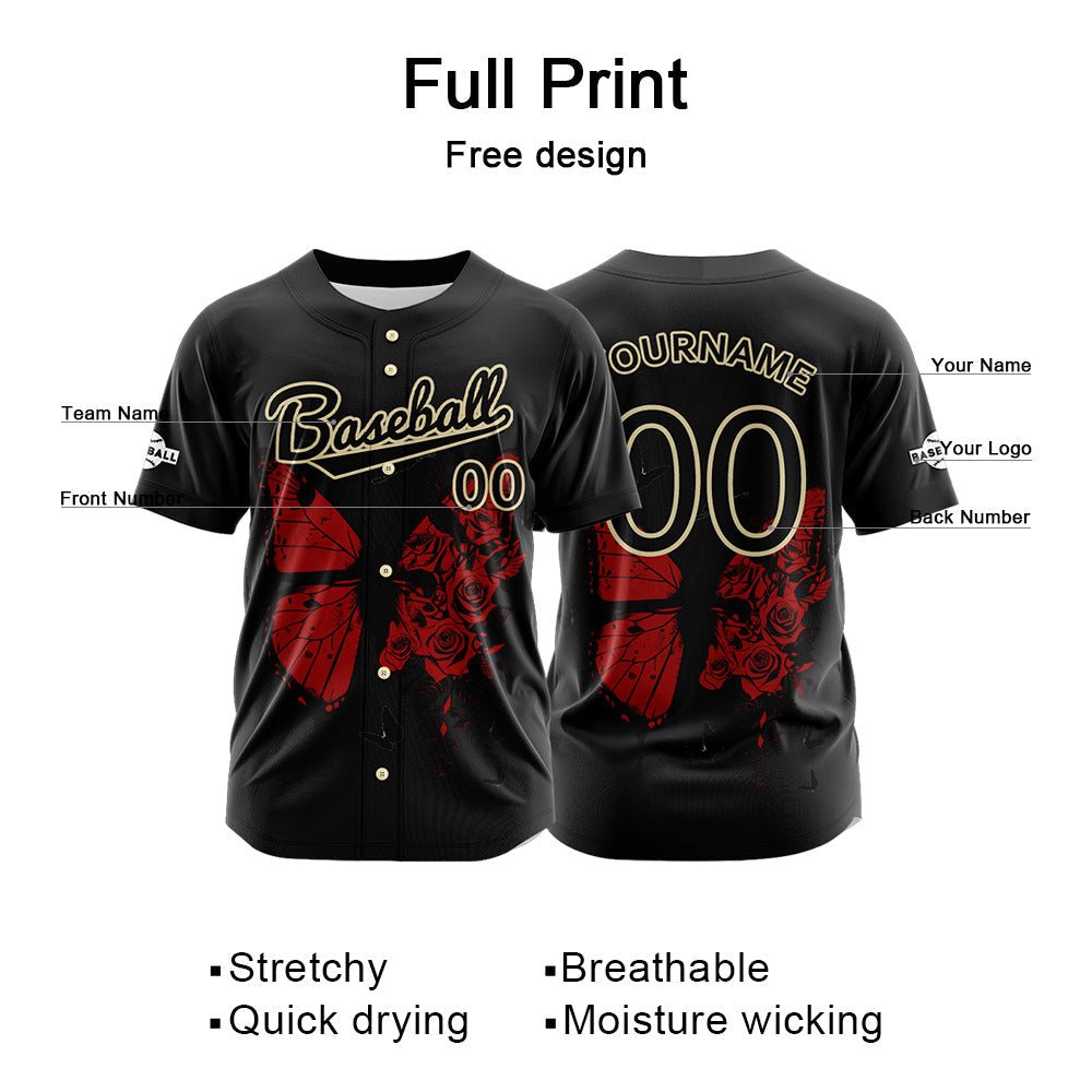 Camiseta de béisbol negra personalizada con botones para hombre mujer adulto y joven Nombre número y logotipo impresos