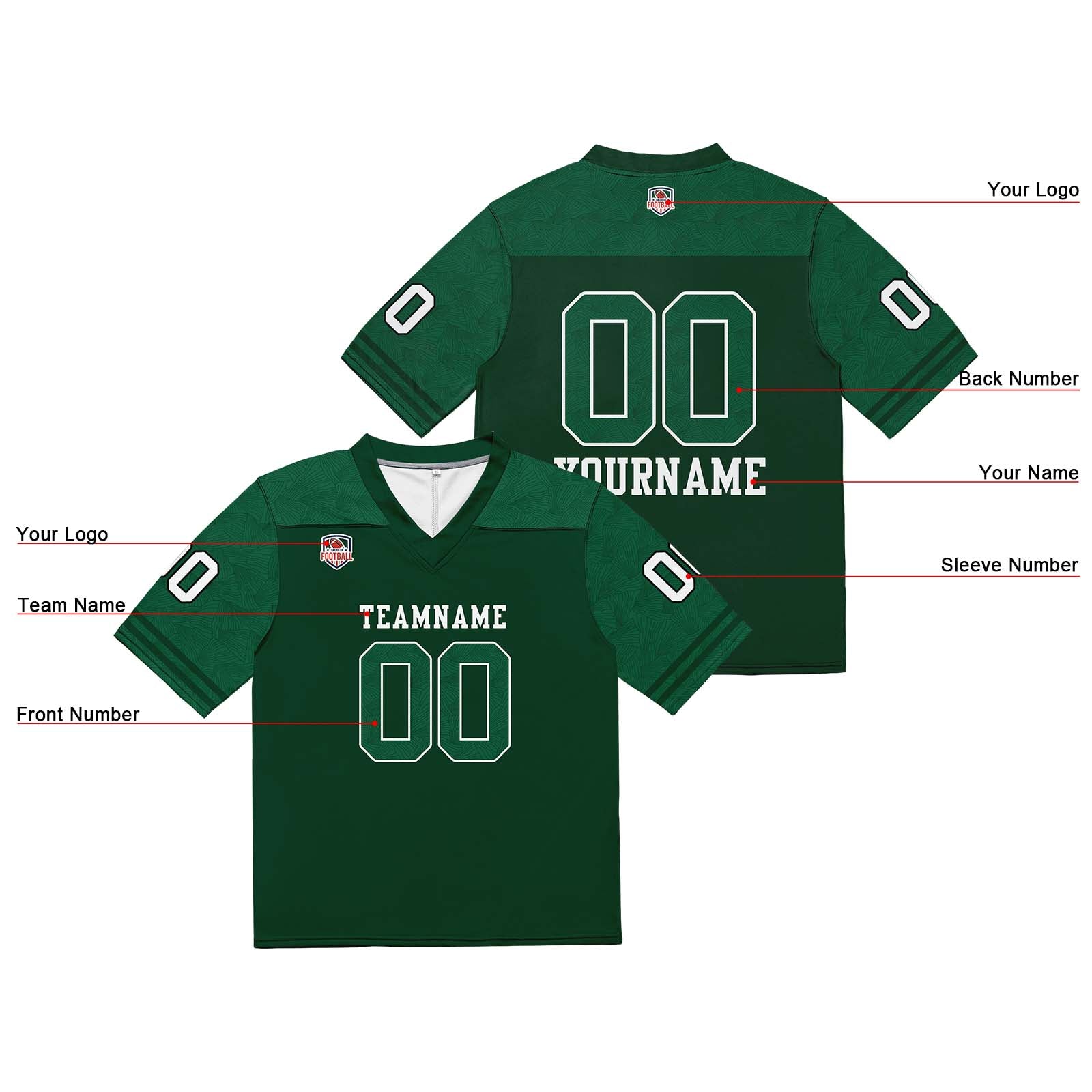 Camiseta de fútbol personalizada con nombre y número del equipo impresos y bordados-color verde
