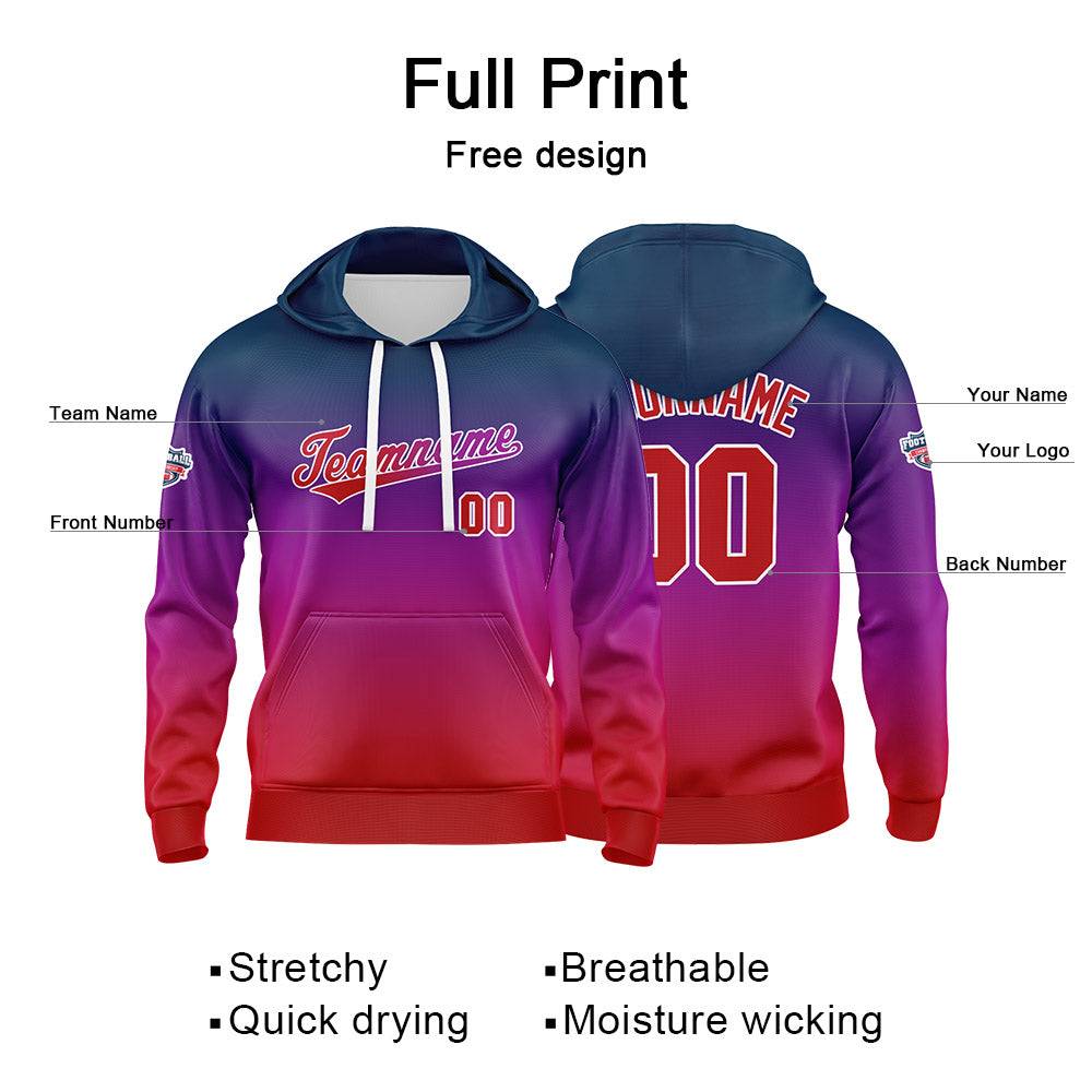Sudadera con capucha personalizada con degradado para hombre-mujer-niña o niño Estampa tu logotipo-nombre o número en azul-morado o rojo