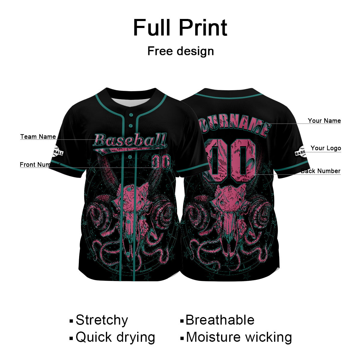 Camiseta de béisbol negra personalizada con nombre número y logotipo personalizados
