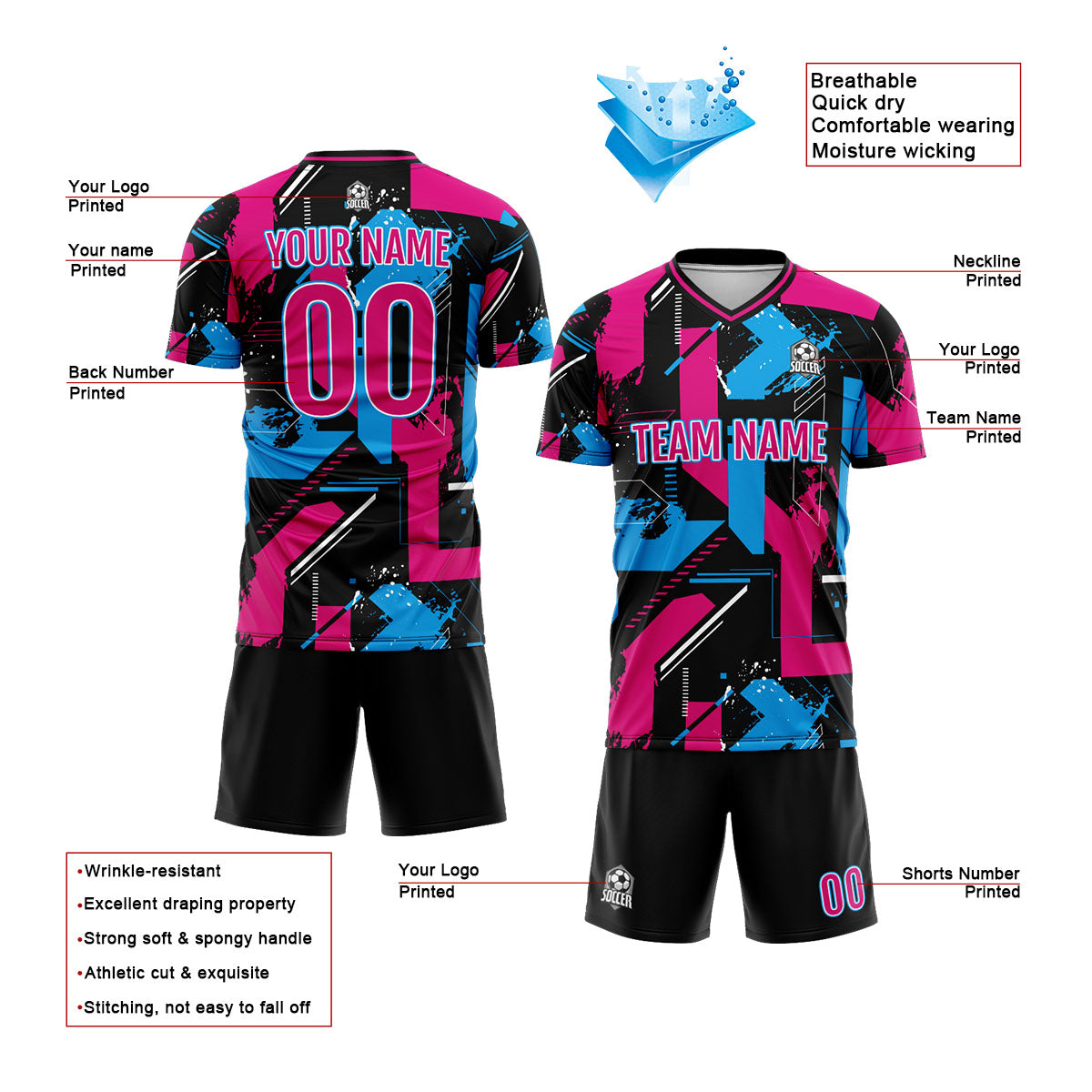 Conjunto personalizado de camiseta de uniforme rosa y azul claro para niños y adultos