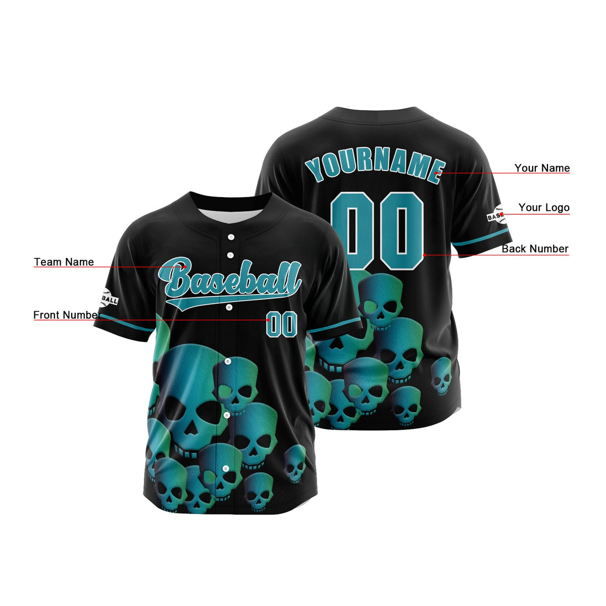 Camiseta de béisbol personalizada negra y azul turquesa con botones para hombre mujer adulto y joven Estampado de nombre número y logotipo