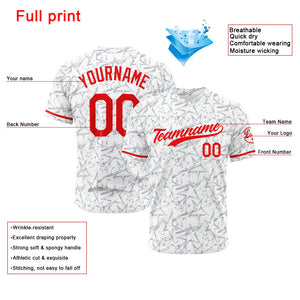 Camiseta de béisbol con dise?o personalizado estampado completo color blanco y rojo