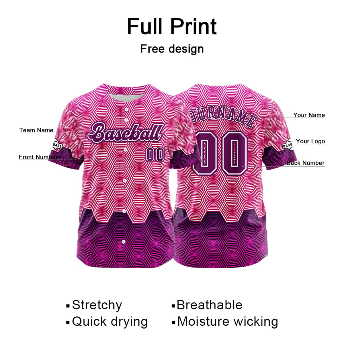 Camiseta de béisbol personalizada rosa y morada con botones para hombre mujer adulto y joven Estampado de nombre número y logotipo