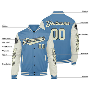 Chaquetas universitarias personalizadas azul claro crema para hombres & mujeres y jóvenes & Chaquetas Letterman personalizadas