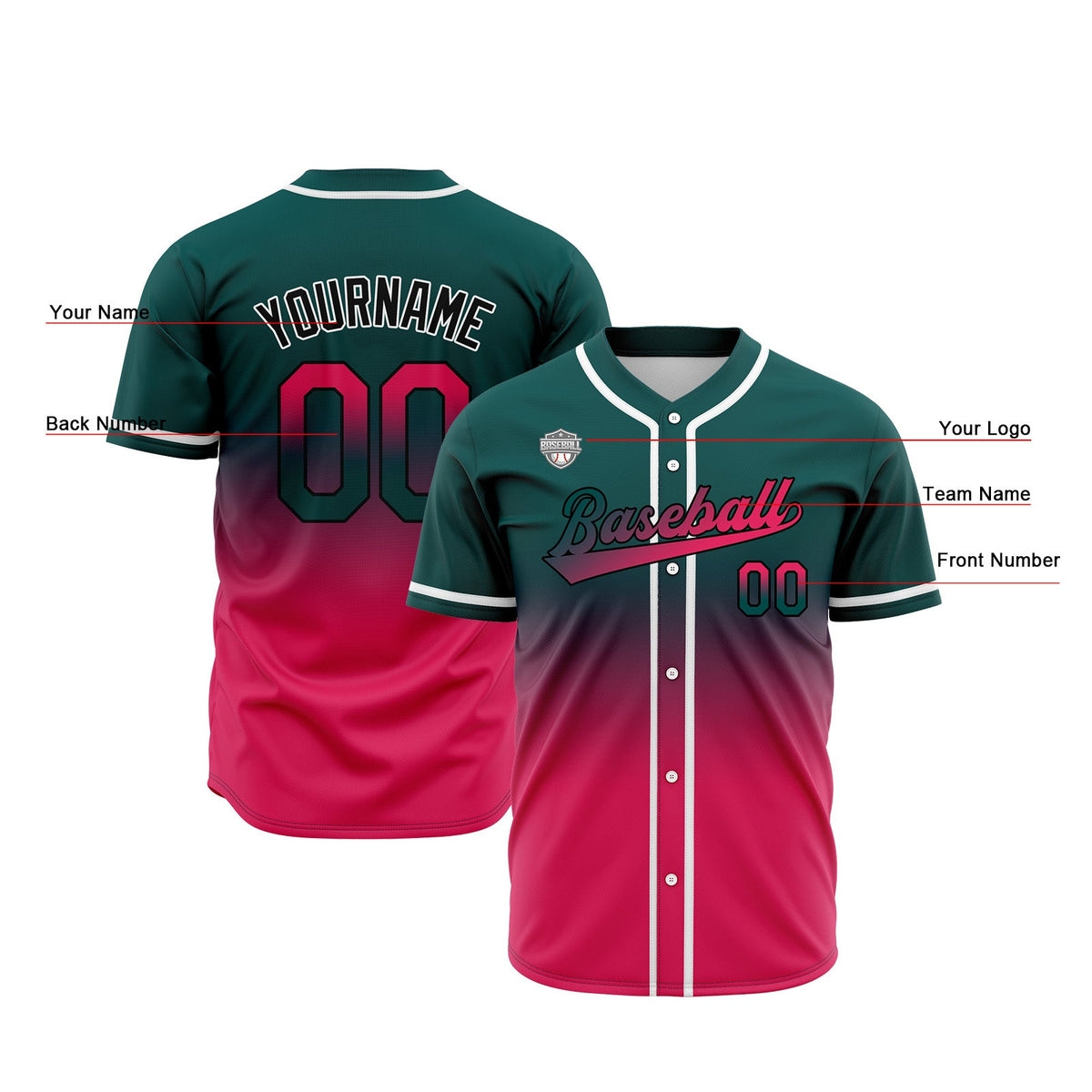 Camisetas de béisbol personalizadas con degradado nombre número y logotipo