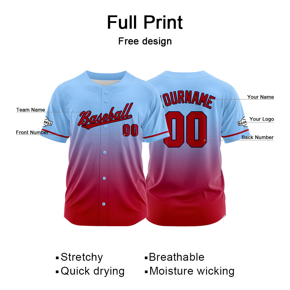 Dise?o personalizado de camiseta de béisbol con estampado completo en rojo y azul claro