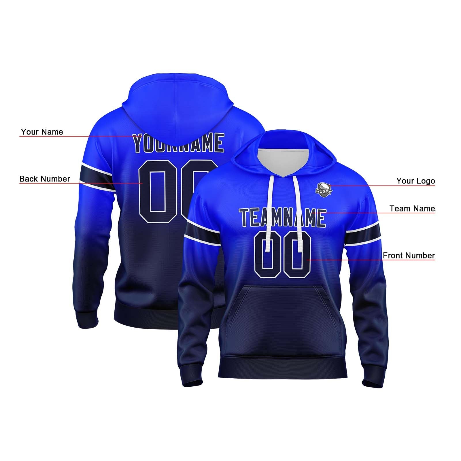 Sudadera con capucha degradada personalizada para hombre-mujer-niña o niño Imprime tu logotipo-nombre y número Azul marino y azul marino