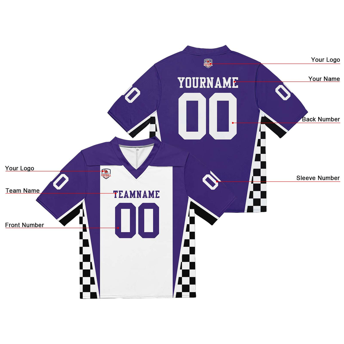 Camiseta de fútbol personalizada con nombre y número del equipo bordados-color morado y blanco
