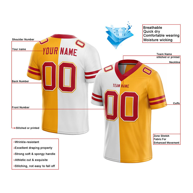 custom authentic split fashion football jersey red-white-yellow mesh
