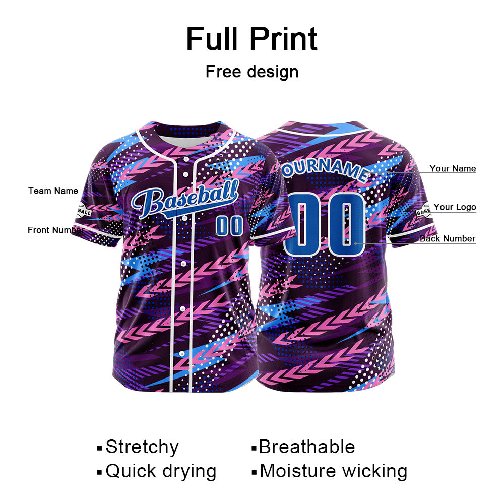 Camiseta de béisbol morada personalizada con botones para hombre mujer adulto y joven Estampado de nombre número y logotipo