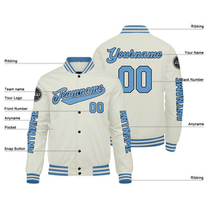 Chaquetas universitarias personalizadas color crema y azul claro para hombres & mujeres y jóvenes & Chaquetas Letterman personalizadas