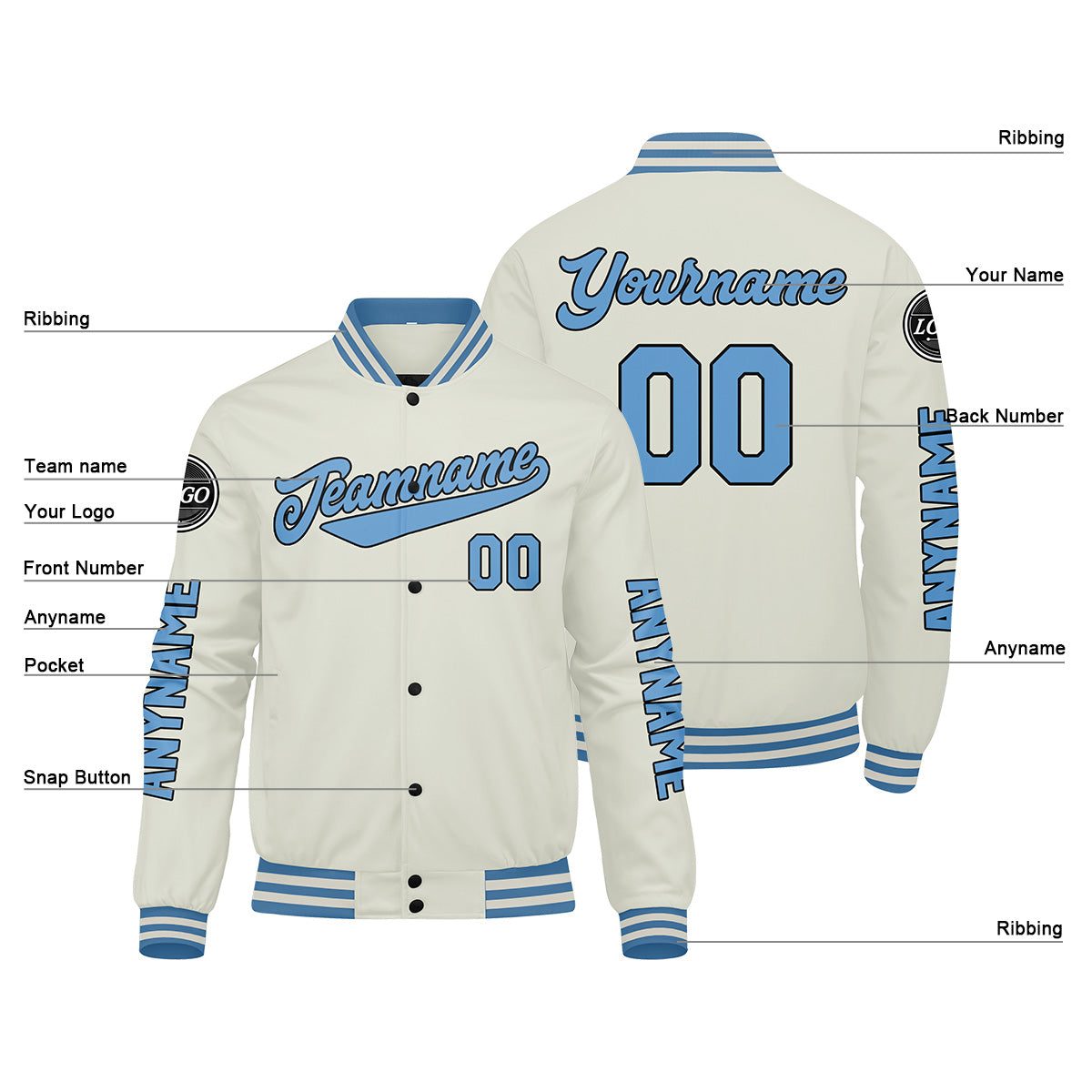 Chaquetas universitarias personalizadas color crema y azul claro para hombres & mujeres y jóvenes & Chaquetas Letterman personalizadas