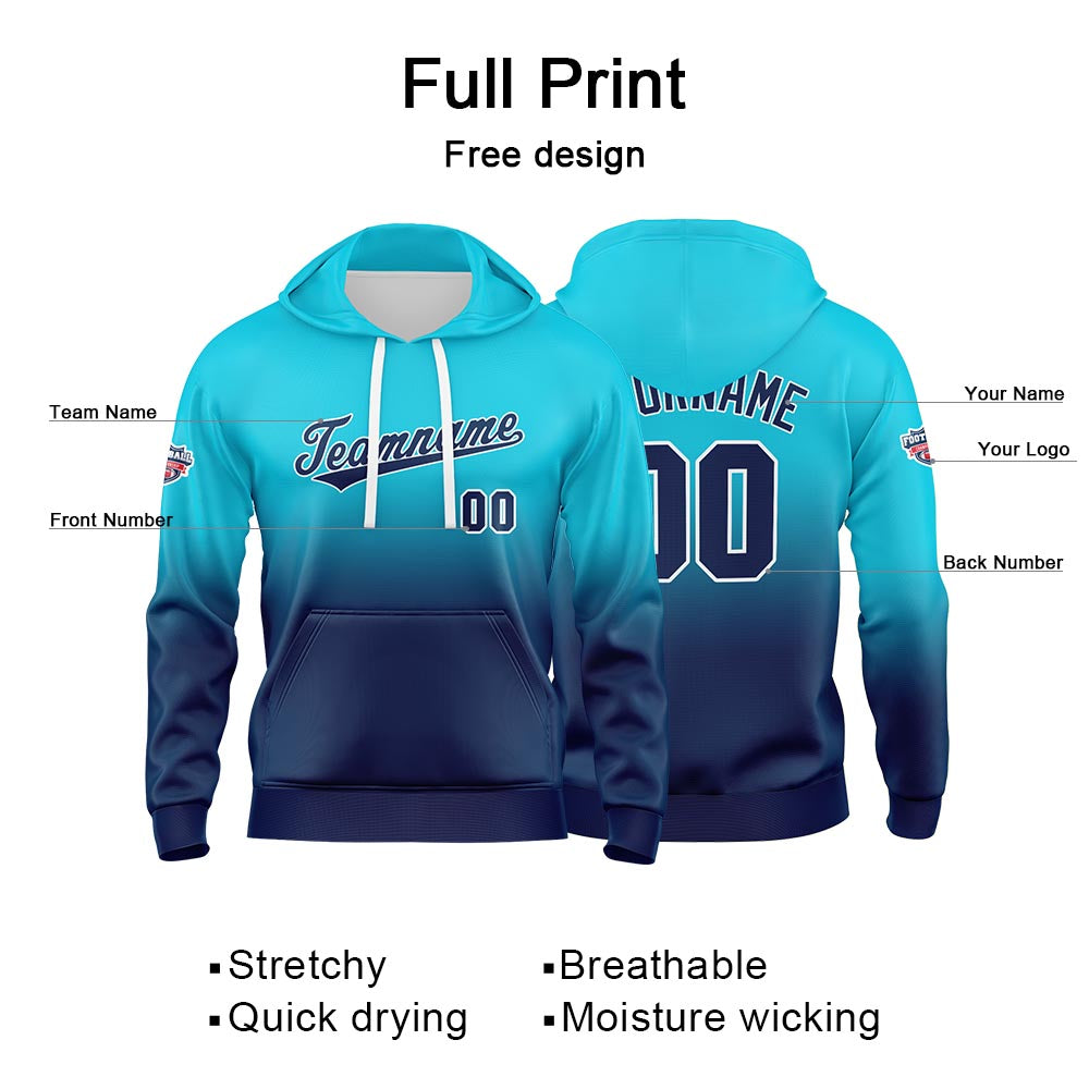 Sudadera con capucha personalizada con degradado para hombre-mujer-niña o niño Estampa tu logotipo-nombre o número Azul marino claro