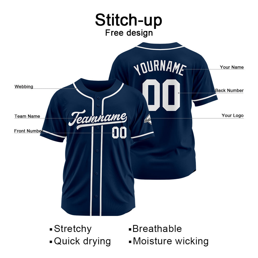 Camiseta de béisbol personalizada con diseño bordado & estilo hip hop & azul marino y blanco