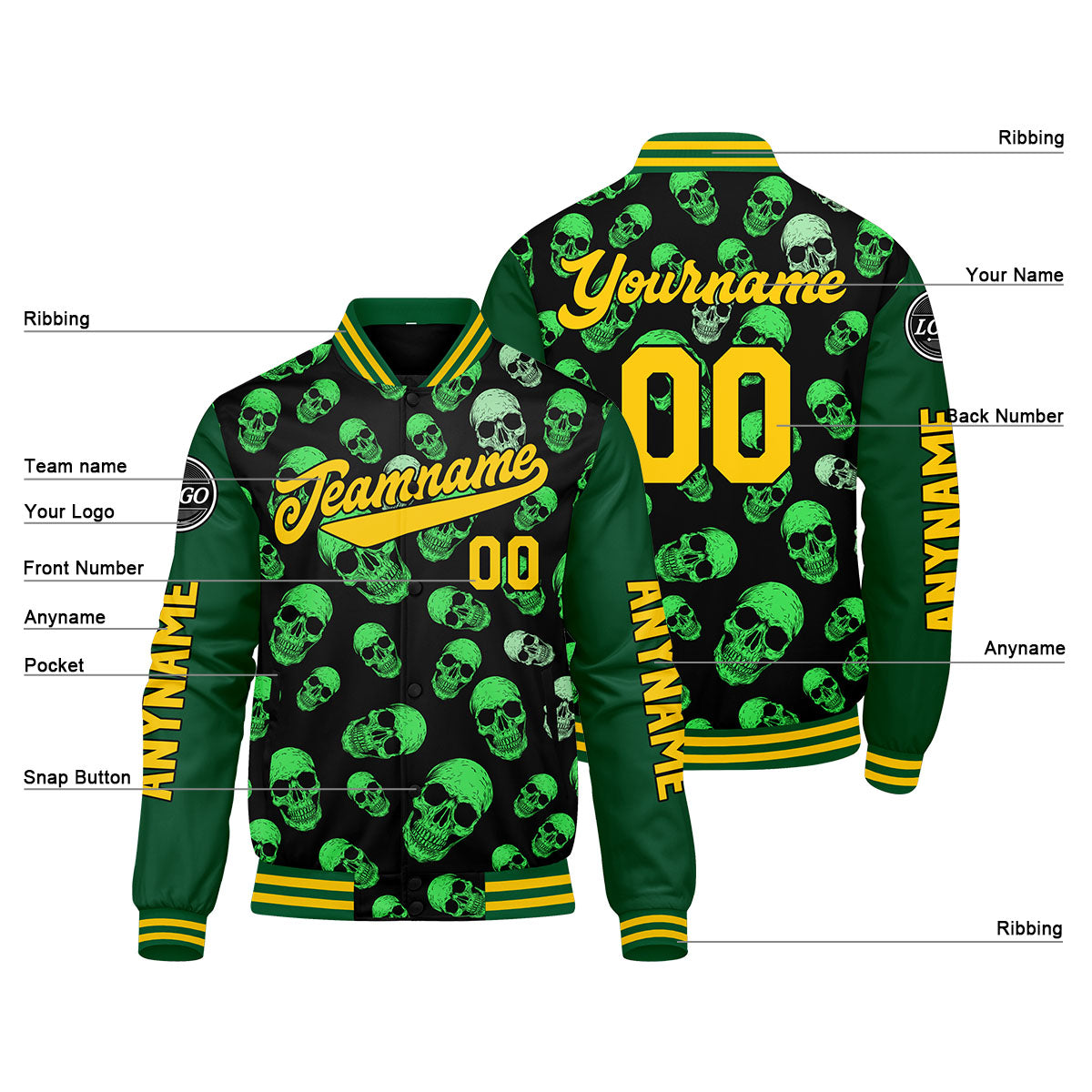 Chaquetas universitarias verdes personalizadas para hombres & mujeres y jóvenes & Chaquetas Letterman personalizadas