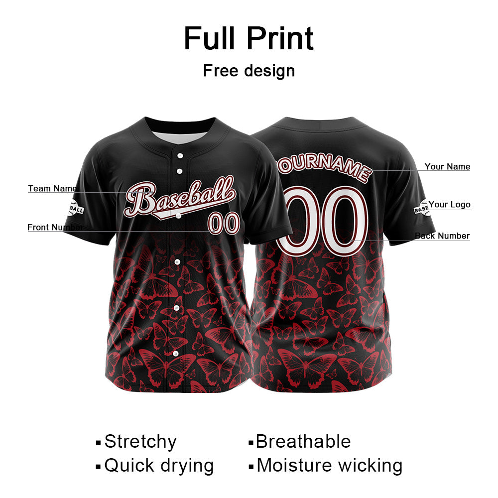 Camiseta de béisbol negra personalizada con botones para hombre mujer adulto y joven Nombre número y logotipo impresos