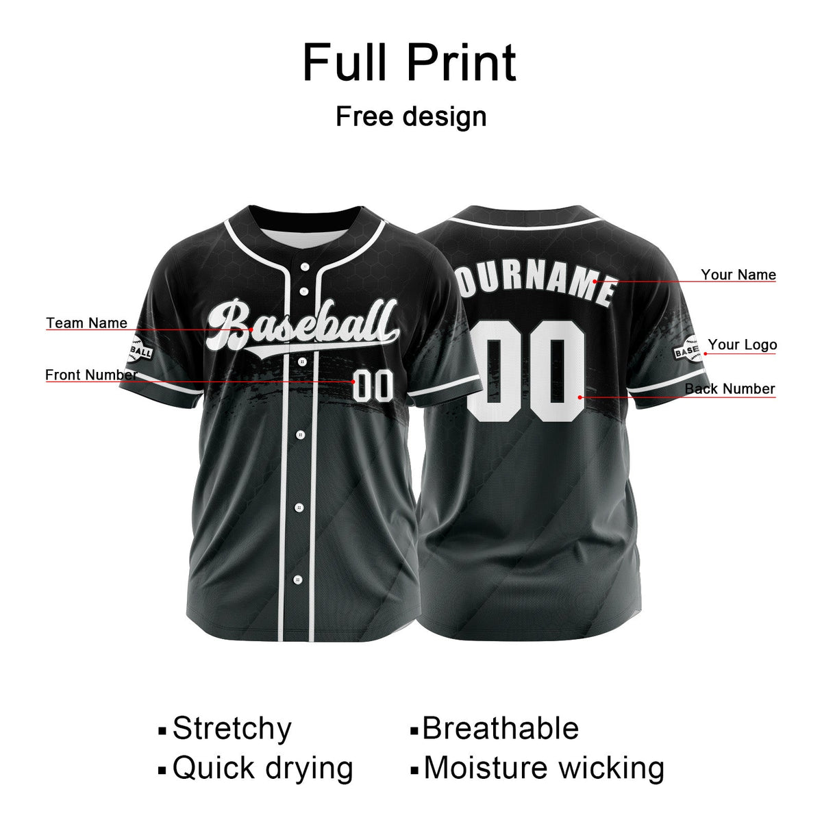 Camiseta de béisbol personalizada gris y negra con botones para hombre mujer adulto y joven Estampado de nombre número y logotipo