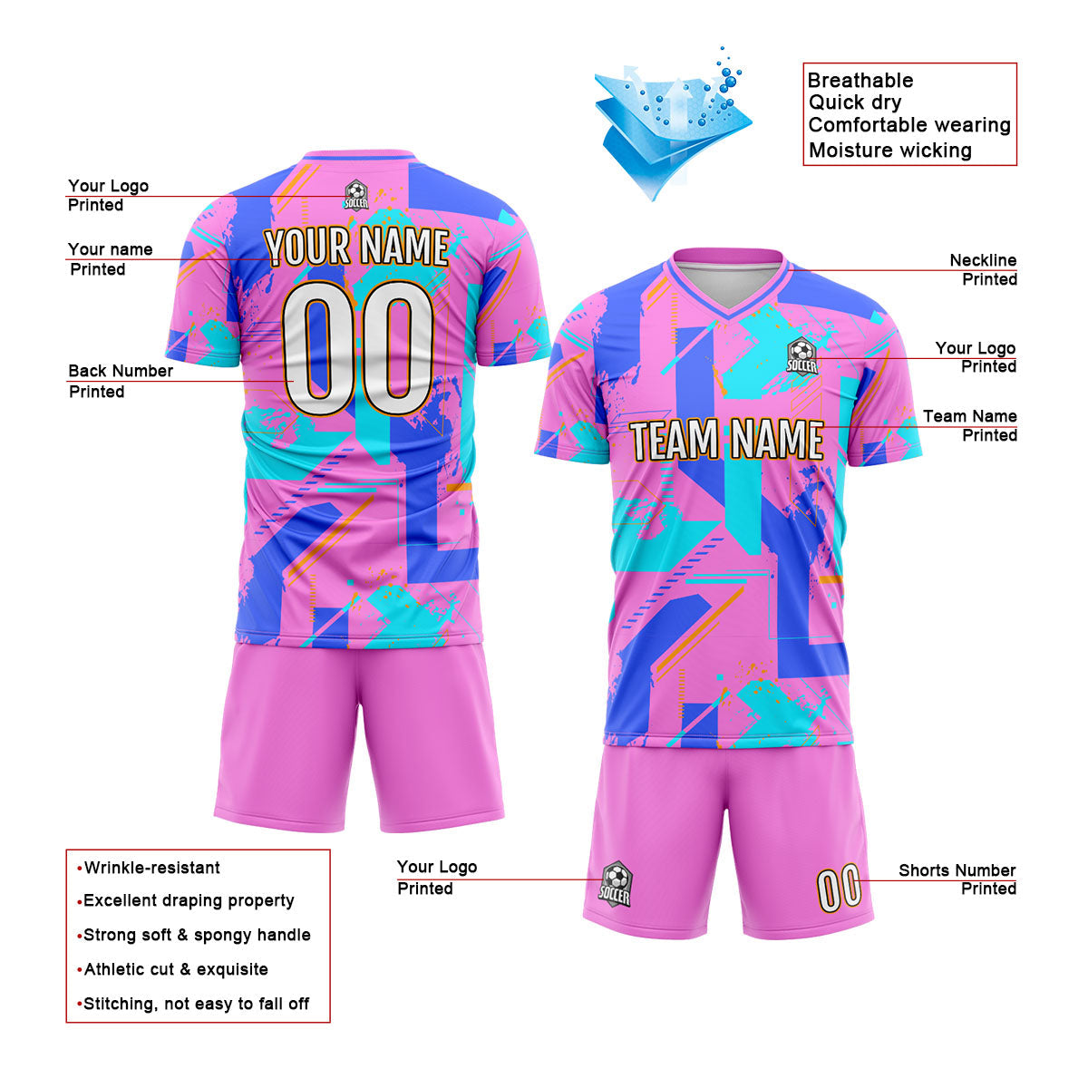 Conjunto personalizado de camiseta de uniforme rosa y azul para niños y adultos