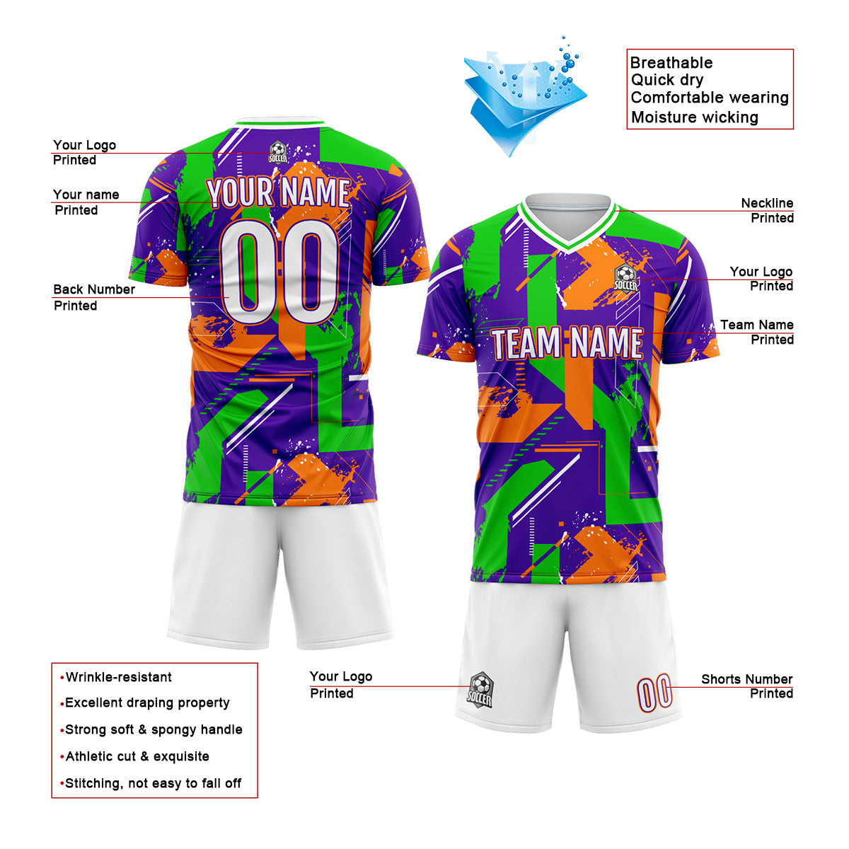 Conjunto personalizado de camiseta de uniforme morado y naranja para niños y adultos